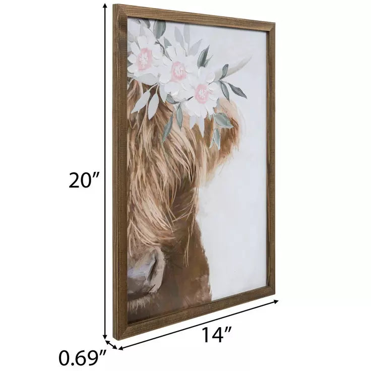 Floral Crown Highland Cow Wood Framed Wall Art