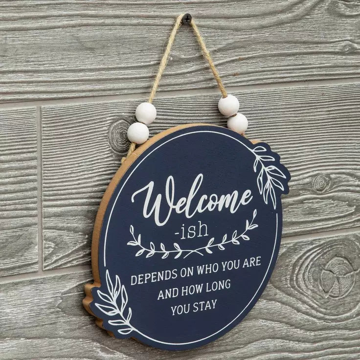 Blue Welcome Floral Wood Wall Decor
