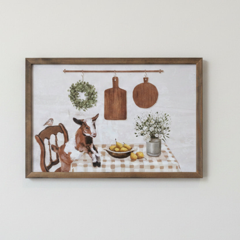 Goat At Table Wood Framed Wall Art