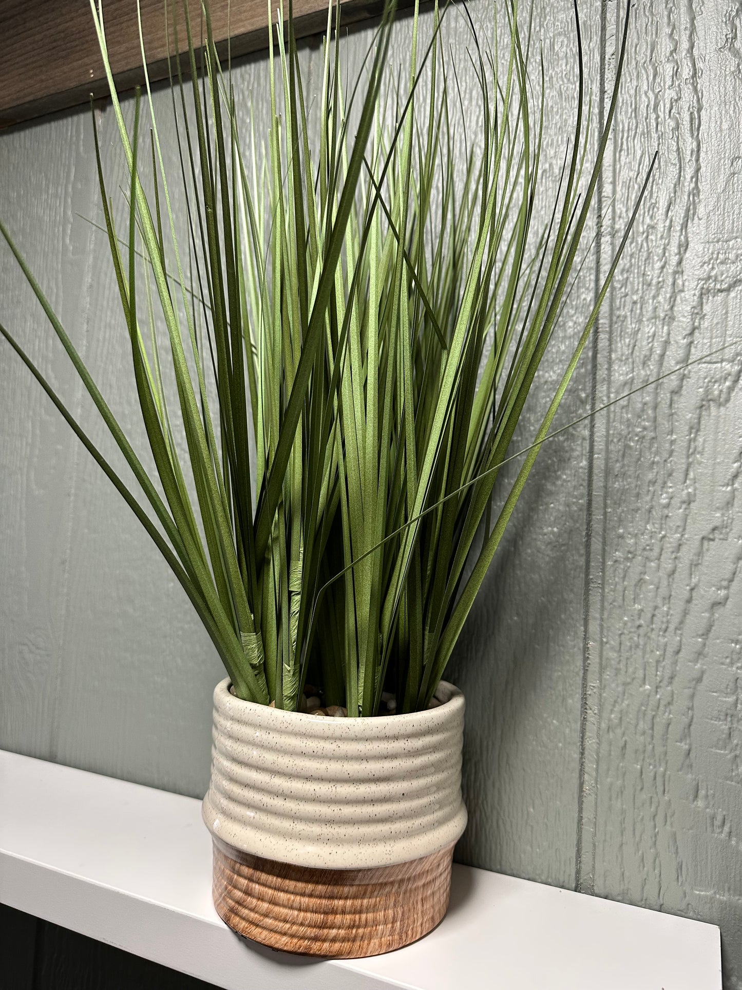 Beige/Basket weave Planter with Faux Grass