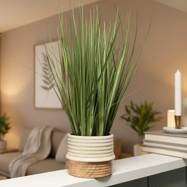 Beige/Basket weave Planter with Faux Grass
