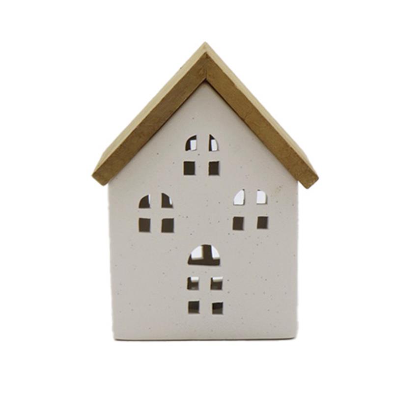 Ceramic House Tealight Holder with Wooden Roof
