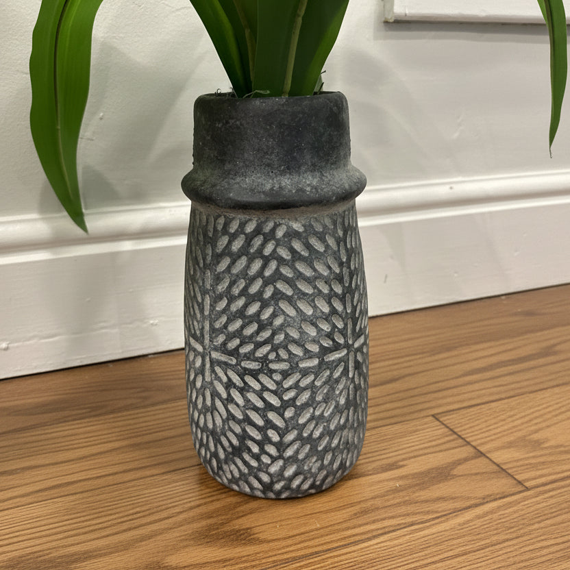 Grey Stamped Concrete Vase with Artificial Plant