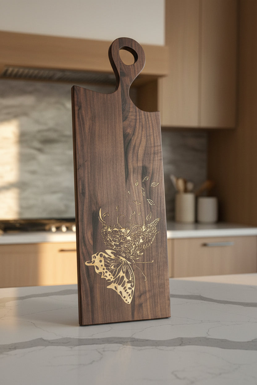 Black Walnut Charcuterie Board with Inlaid Butterfly Design