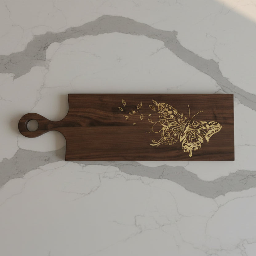 Black Walnut Charcuterie Board with Inlaid Butterfly Design