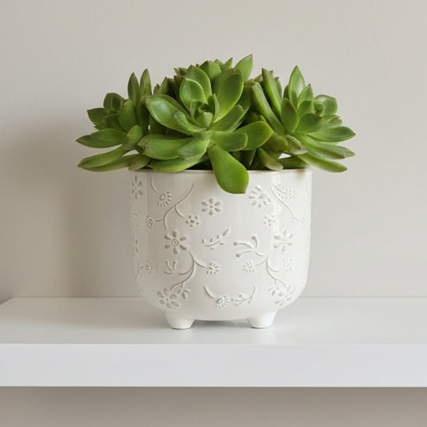 Embossed Floral Ceramic Planter – Creamy White on Pedestal Feet