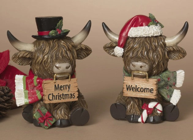 Holiday Highland Cow Figurines with Signs