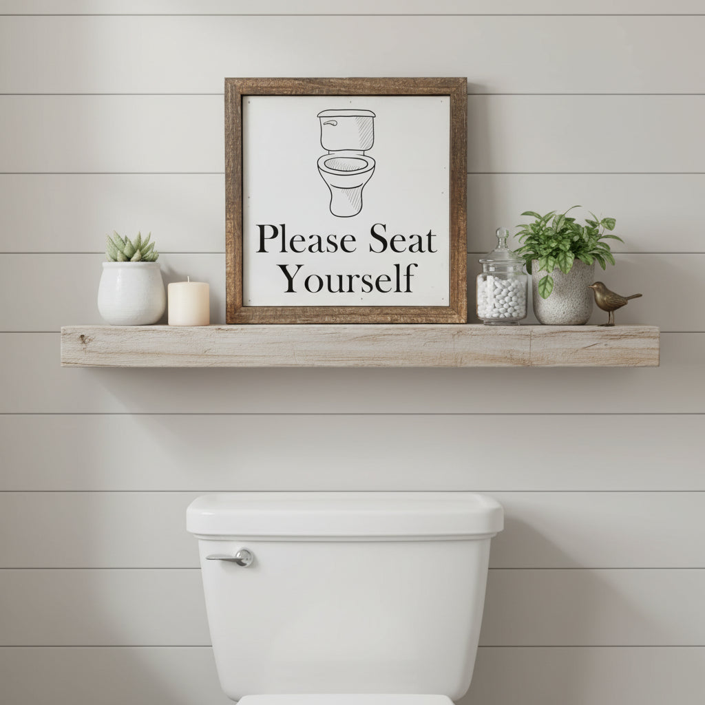 “Please Seat Yourself” Wooden Bathroom Sign
