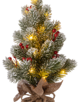 14.5" Pre-Lit Flocked Tabletop Christmas Tree with Berries & Burlap Base
