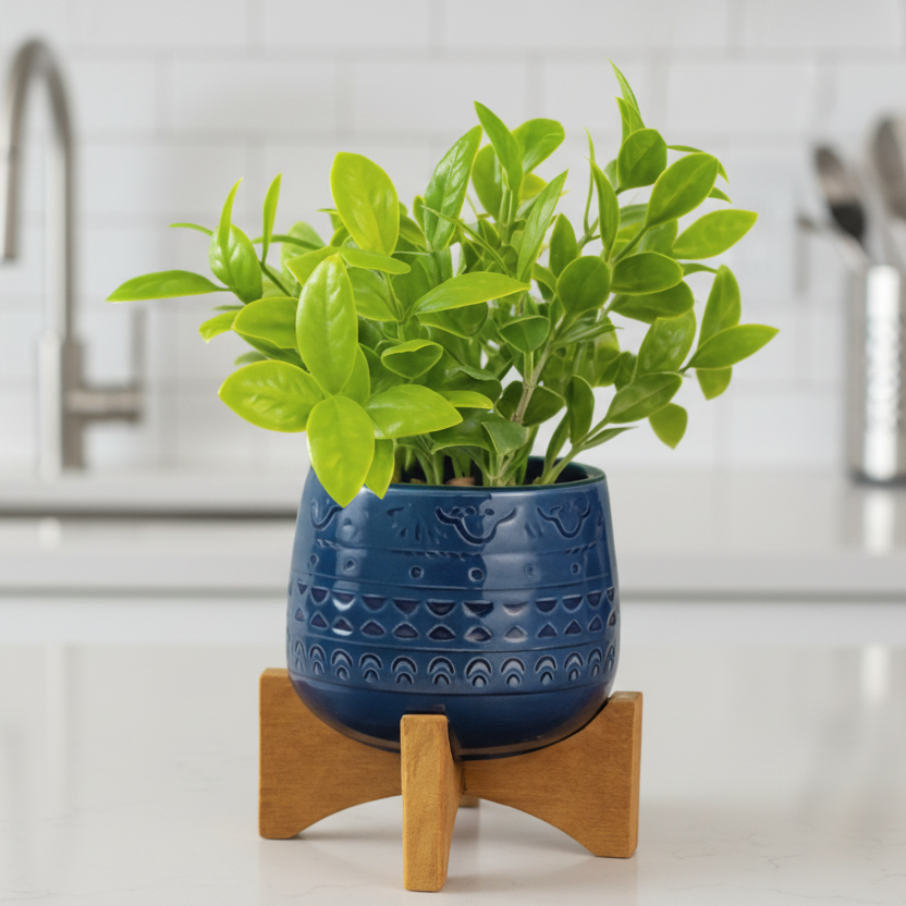 Artificial Potted Plant in a Blue Ceramic Planter with Wooden Stand