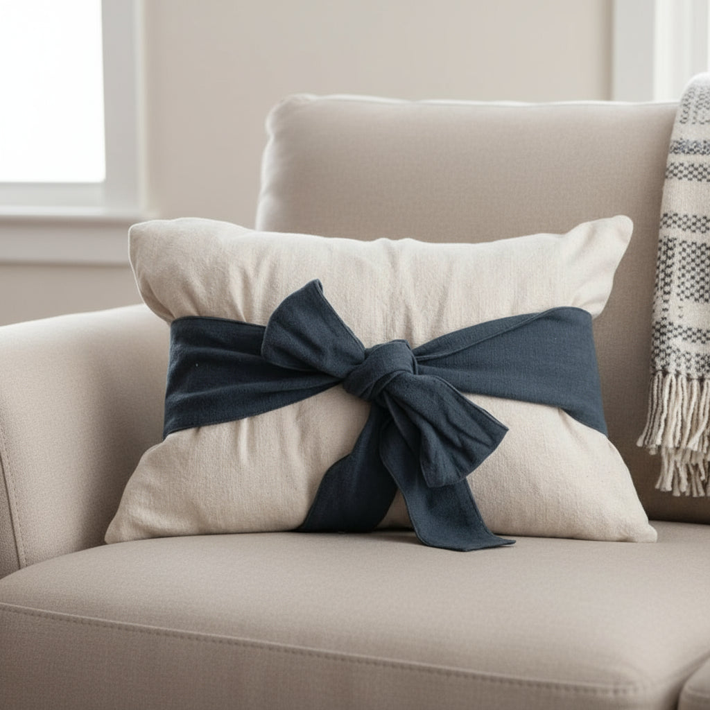 Tied Linen Accent Pillow – Navy Bow