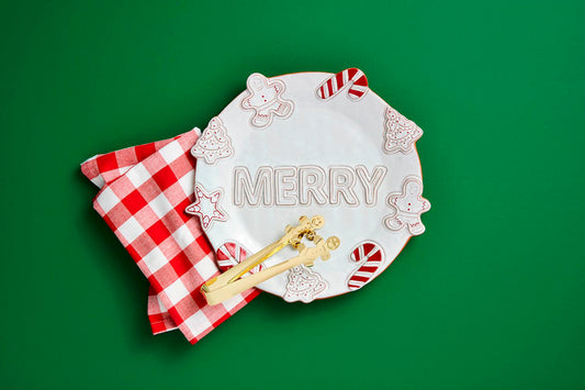 Merry Holiday Plate with Gold Tongs