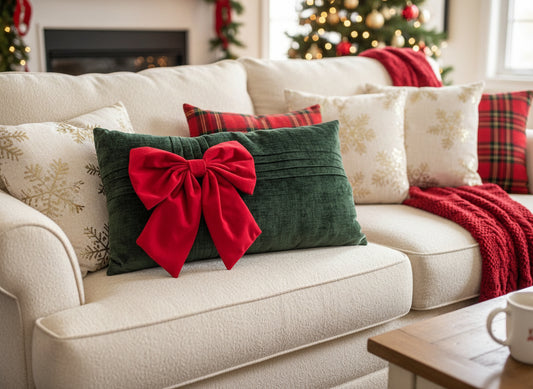 Festive Green Pillow with Red Bow