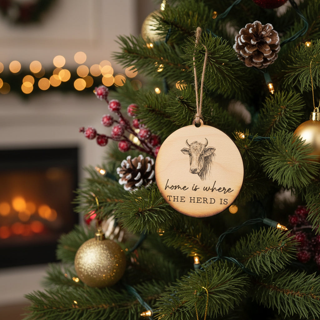 “Home Is Where the Herd Is” Wooden Ornament