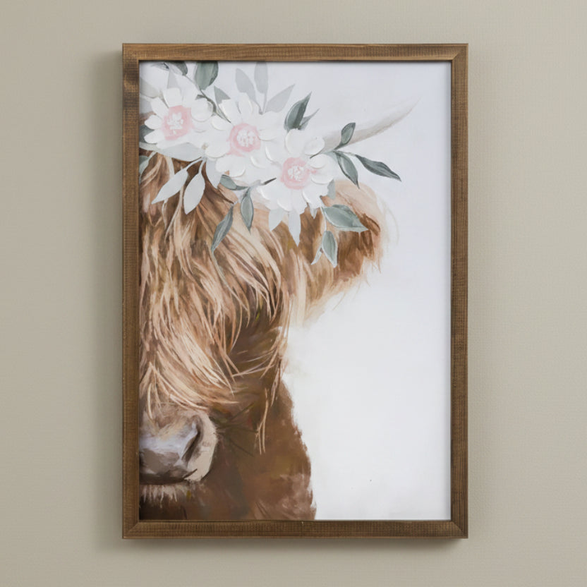 Floral Crown Highland Cow Wood Framed Wall Art