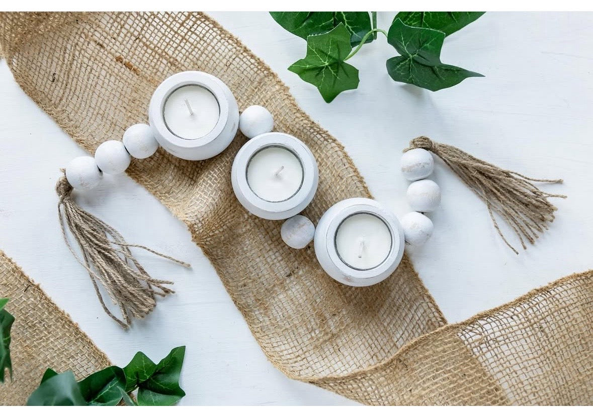 Rustic Wooden Beaded Tealight Holders with Tassels