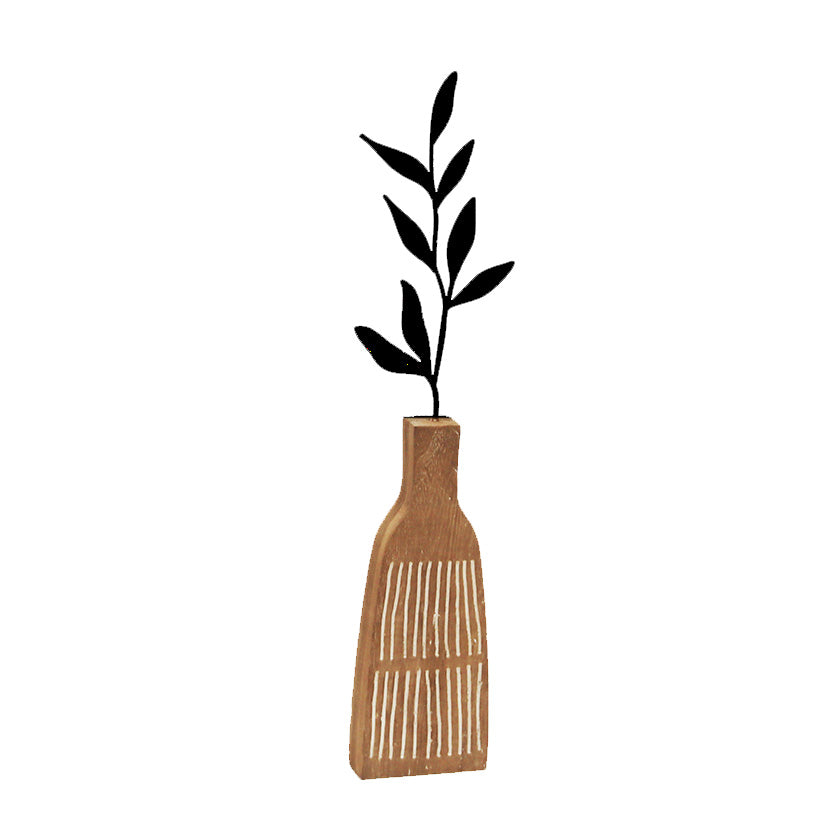 Decorative Wooden Vase Collection with Metal Leaf Accent
