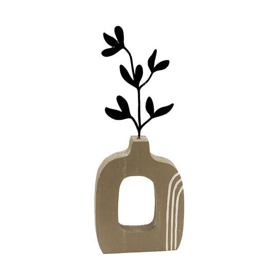 Decorative Wooden Vase Collection with Metal Leaf Accent