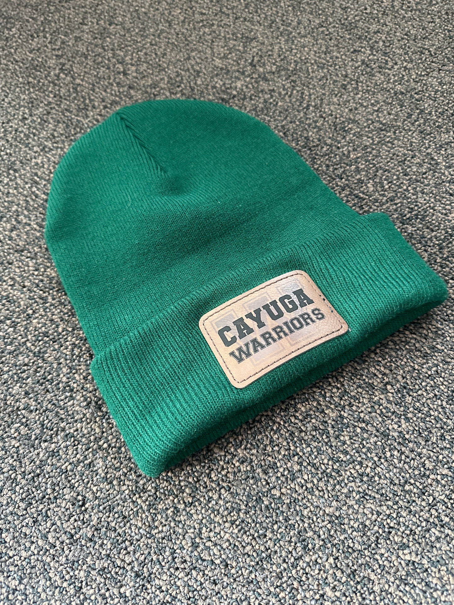 Custom Engraved Leather Patch on Touque