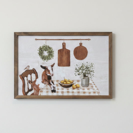 Goat At Table Wood Framed Wall Art