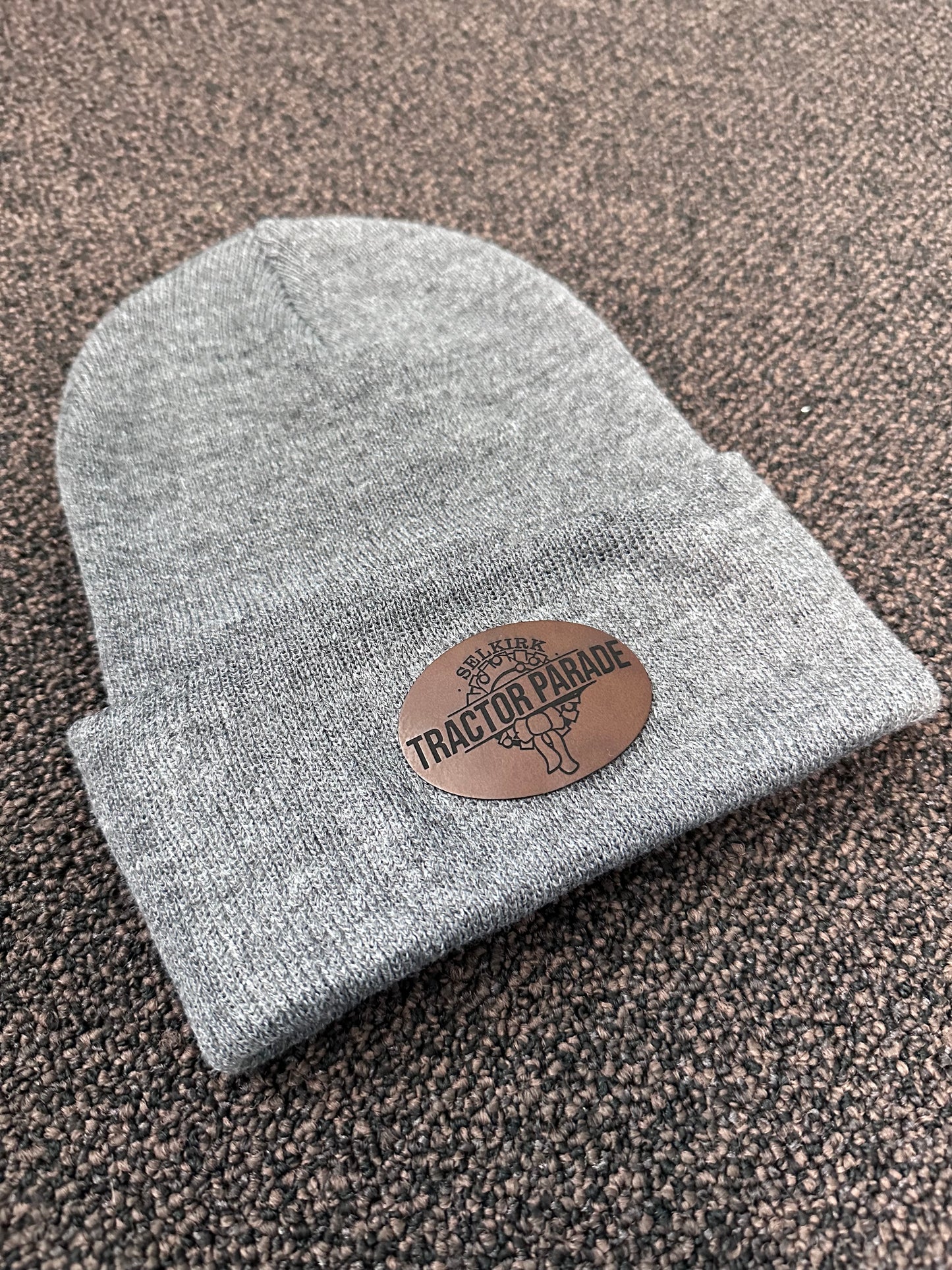 Custom Engraved Leather Patch on Touque