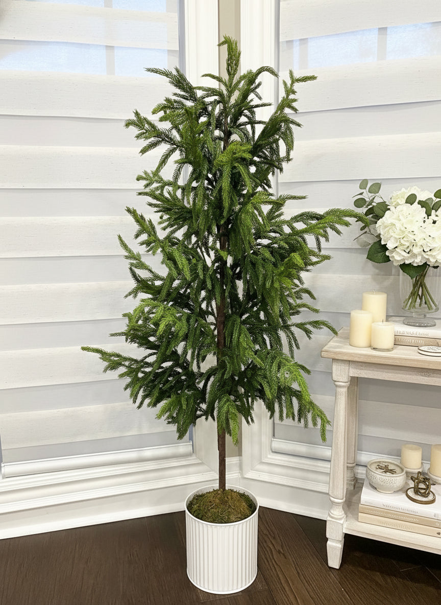 Potted Faux Cedar Tree in Ribbed Metal Pot