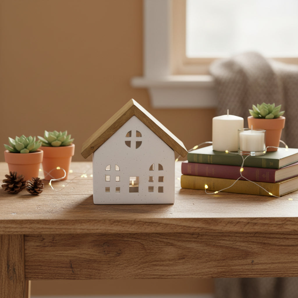 Ceramic House Tealight Holder with Wooden Roof
