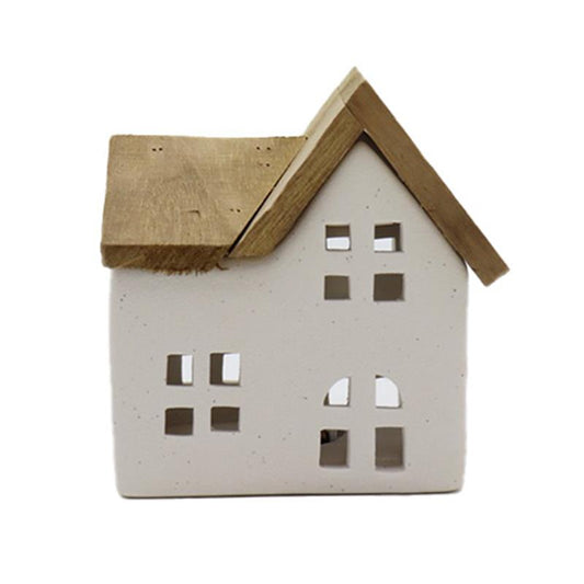 Ceramic House Tealight Holder with Wooden Roof