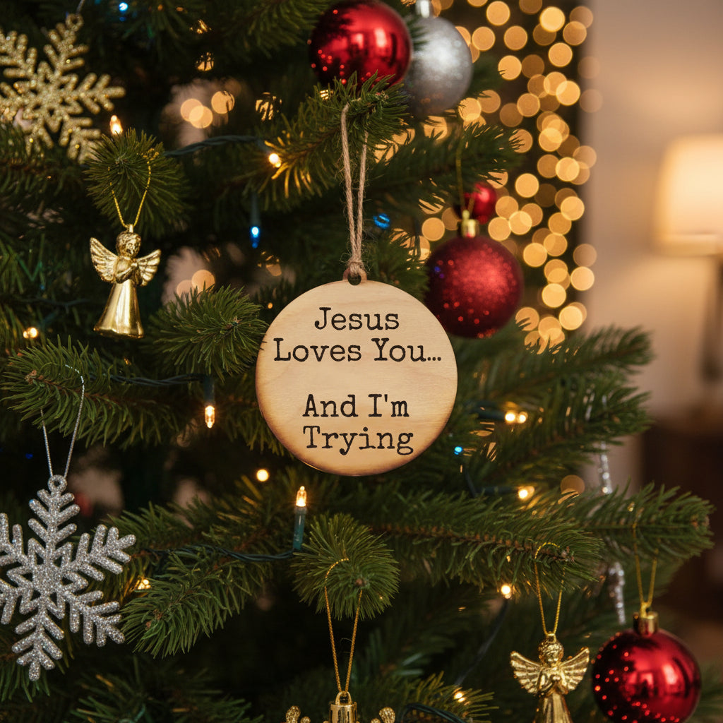 “Jesus Loves You… And I’m Trying” Wooden Ornament