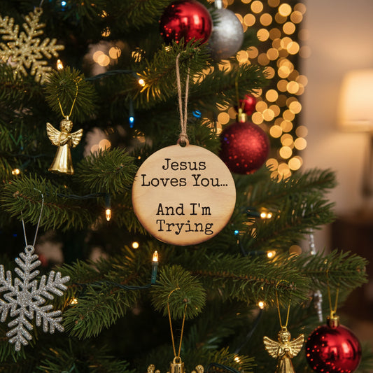“Jesus Loves You… And I’m Trying” Wooden Ornament