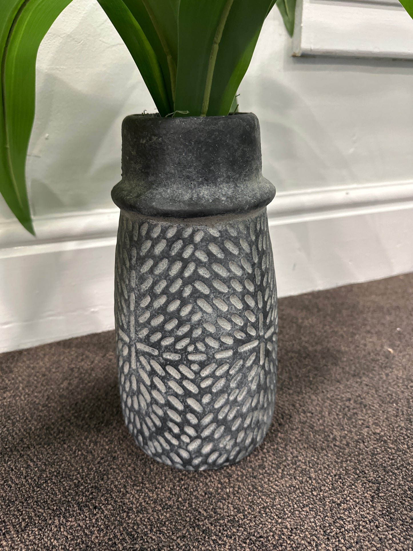 Grey Stamped Concrete Vase with Artificial Plant