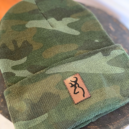 Custom Engraved Leather Patch on Touque