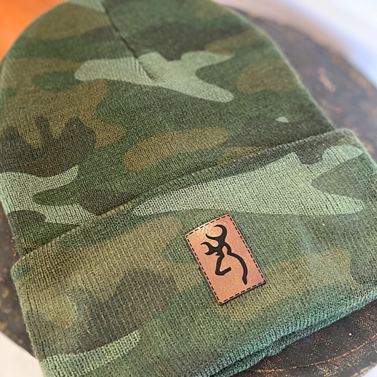 Custom Engraved Leather Patch on Touque