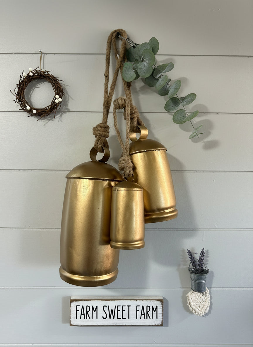 Gold Metal Bells with Rope Hanger