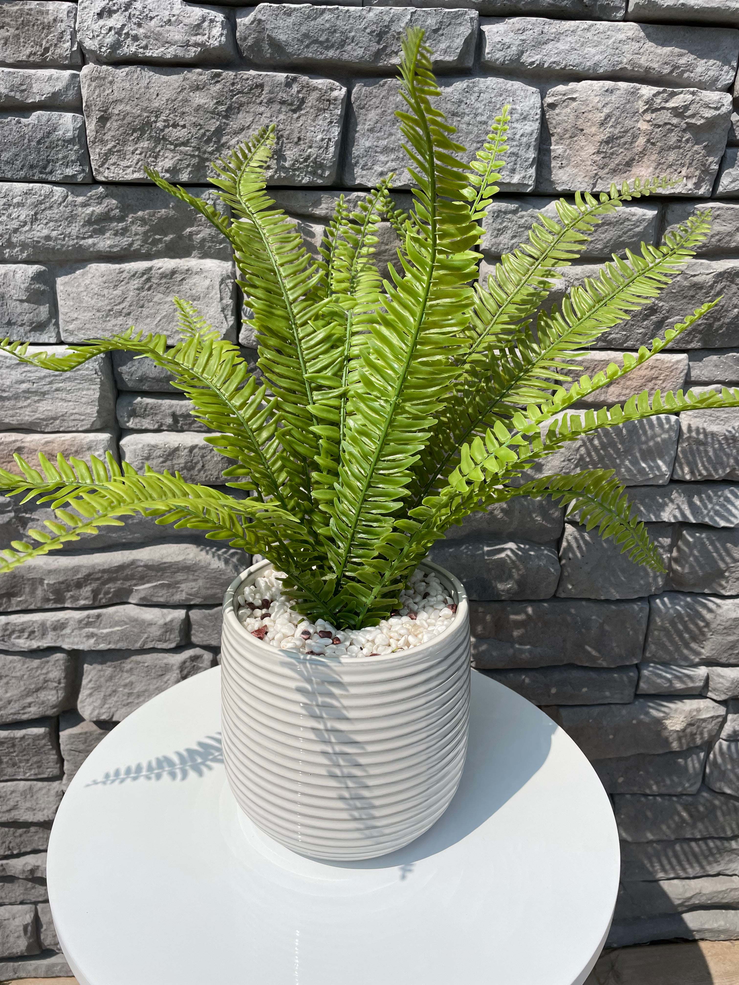White and Grey Striped pot with faux Fern