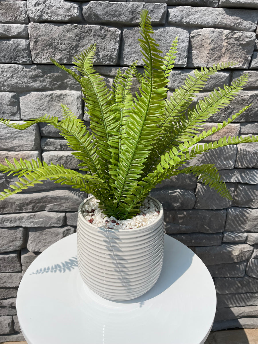 White and Grey Striped pot with faux Fern
