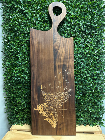 Black Walnut Charcuterie Board with Inlaid Butterfly Design