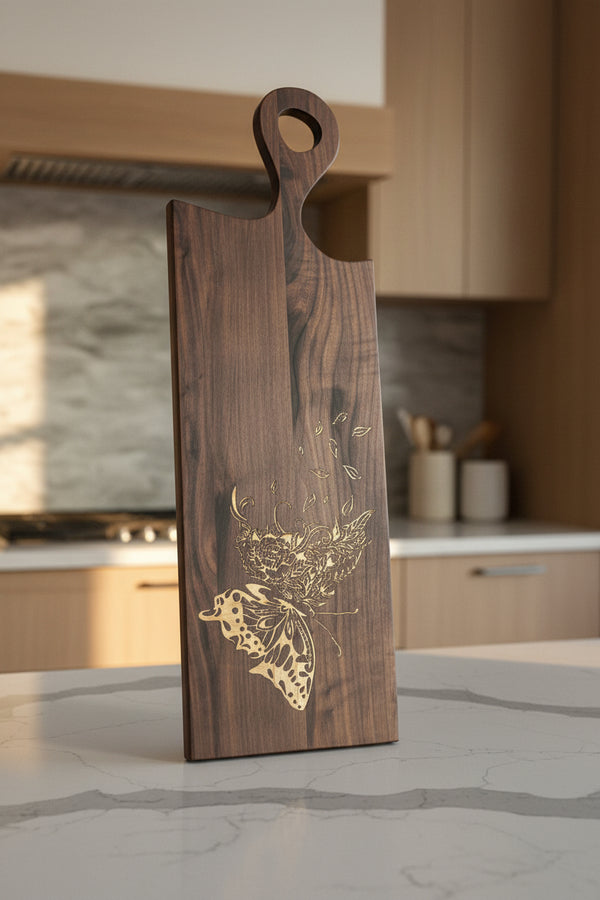 Black Walnut Charcuterie Board with Inlaid Butterfly Design