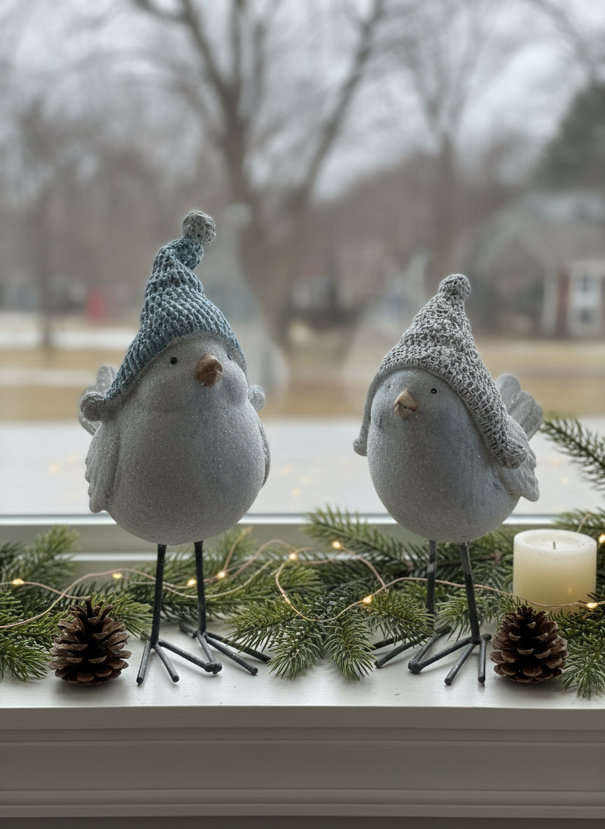 Winter Bird Figurines with Knit Hats