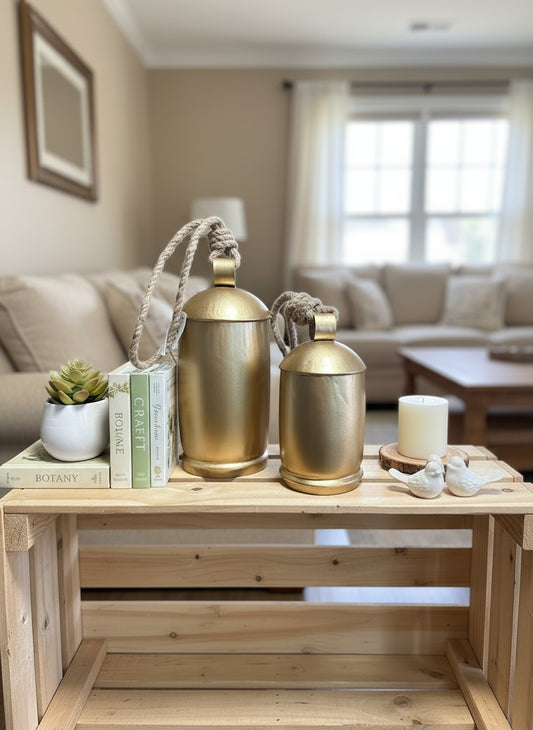 Gold Metal Bells with Rope Hanger