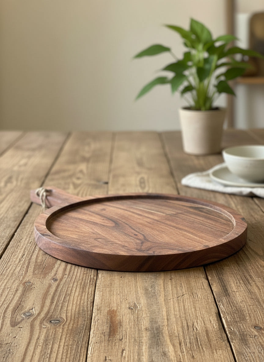 Round Wooden Serving Board with Handle