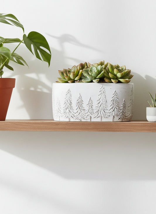 White Wash Pine Tree Oval Cement Planter