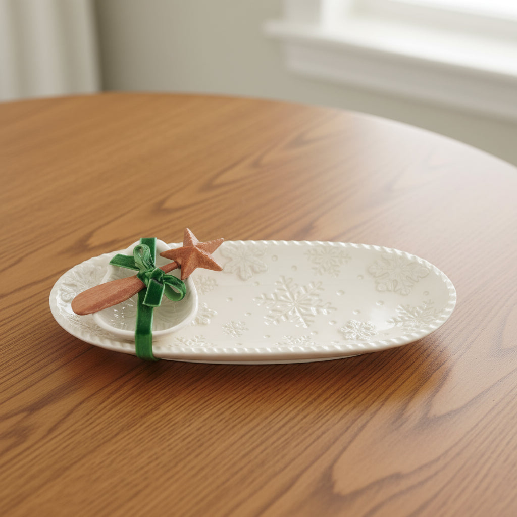 Snowflake Embossed Oval Serving Platter with Star Spreader