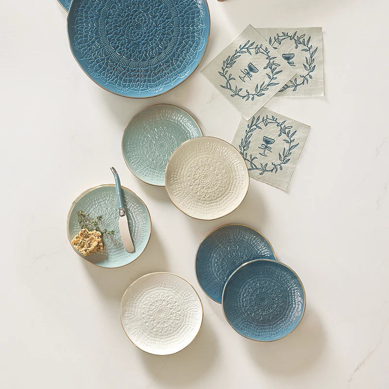 Blue Gold Rim Stamped Plates- Set Of 4