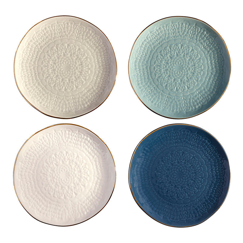 Blue Gold Rim Stamped Plates- Set Of 4