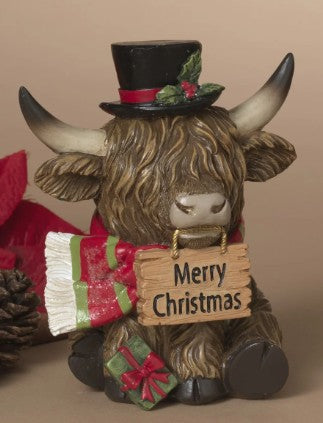 Holiday Highland Cow Figurines with Signs
