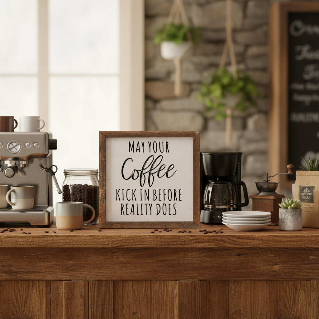 “May Your Coffee Kick In Before Reality Does” Wooden Sign – 6x6”