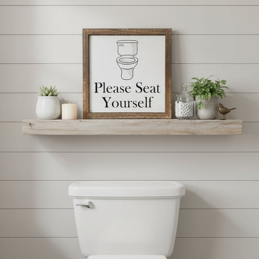 “Please Seat Yourself” Wooden Bathroom Sign