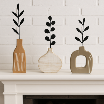 Decorative Wooden Vase Collection with Metal Leaf Accent