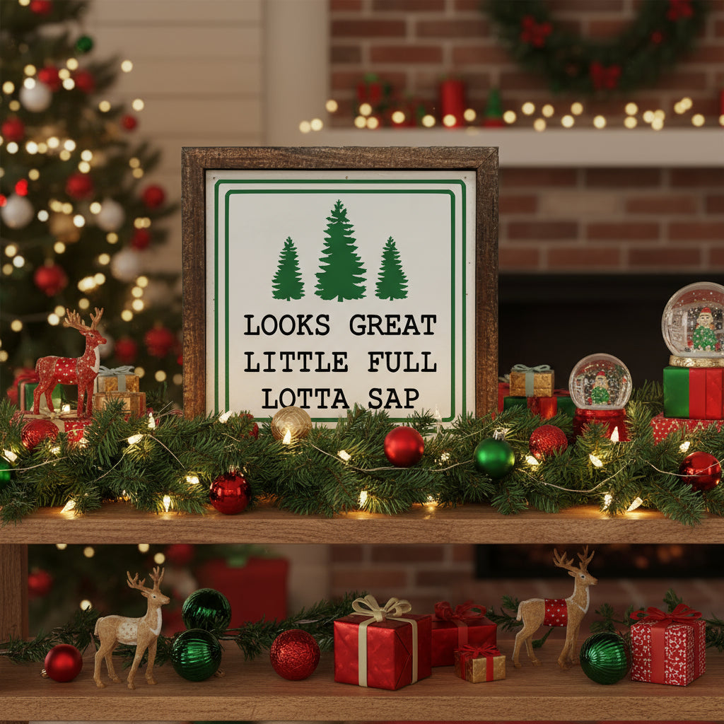 “Looks Great, Little Full, Lotta Sap” Wooden Christmas Sign – 6x6”